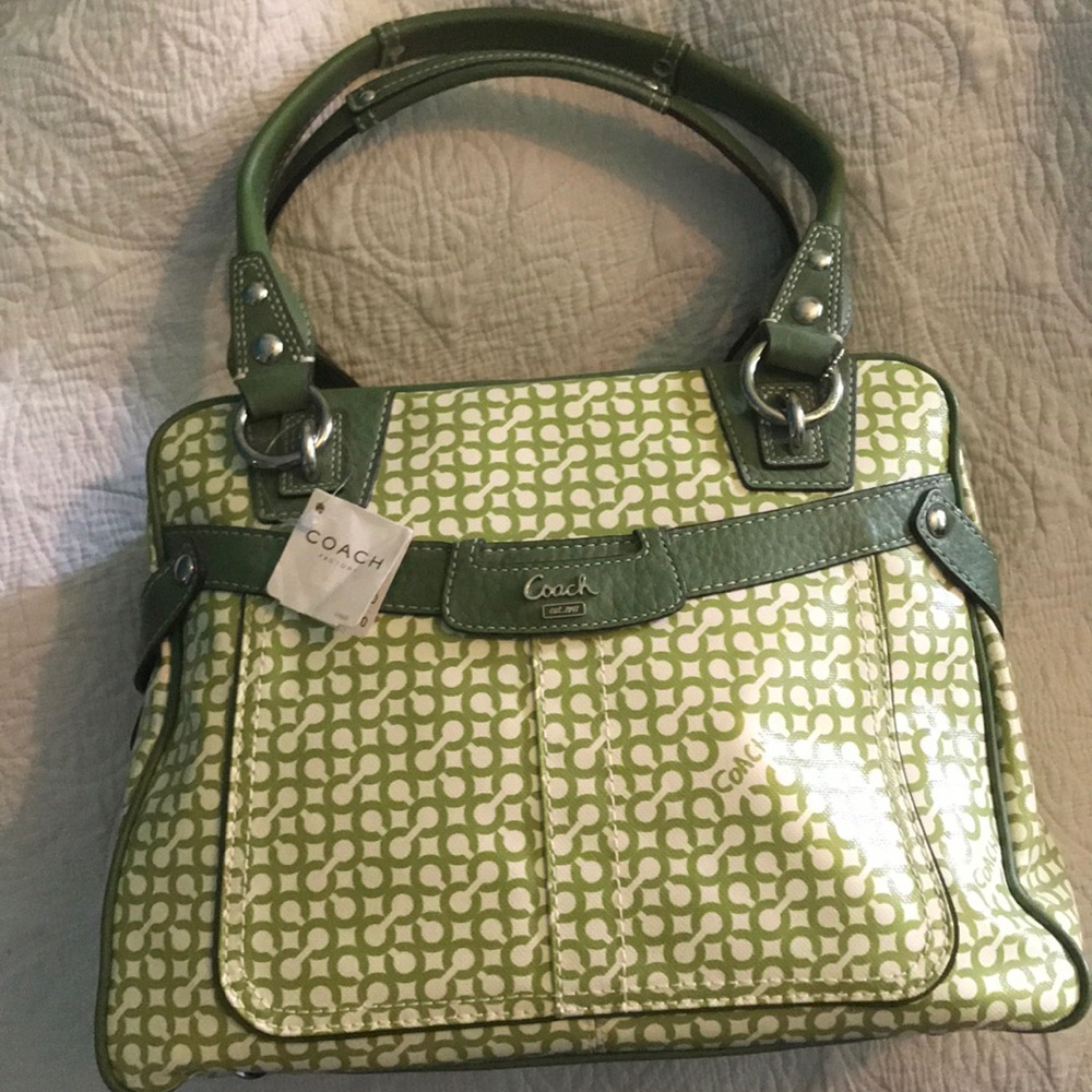 NWT Coach purse PNP OP satchel green and white.